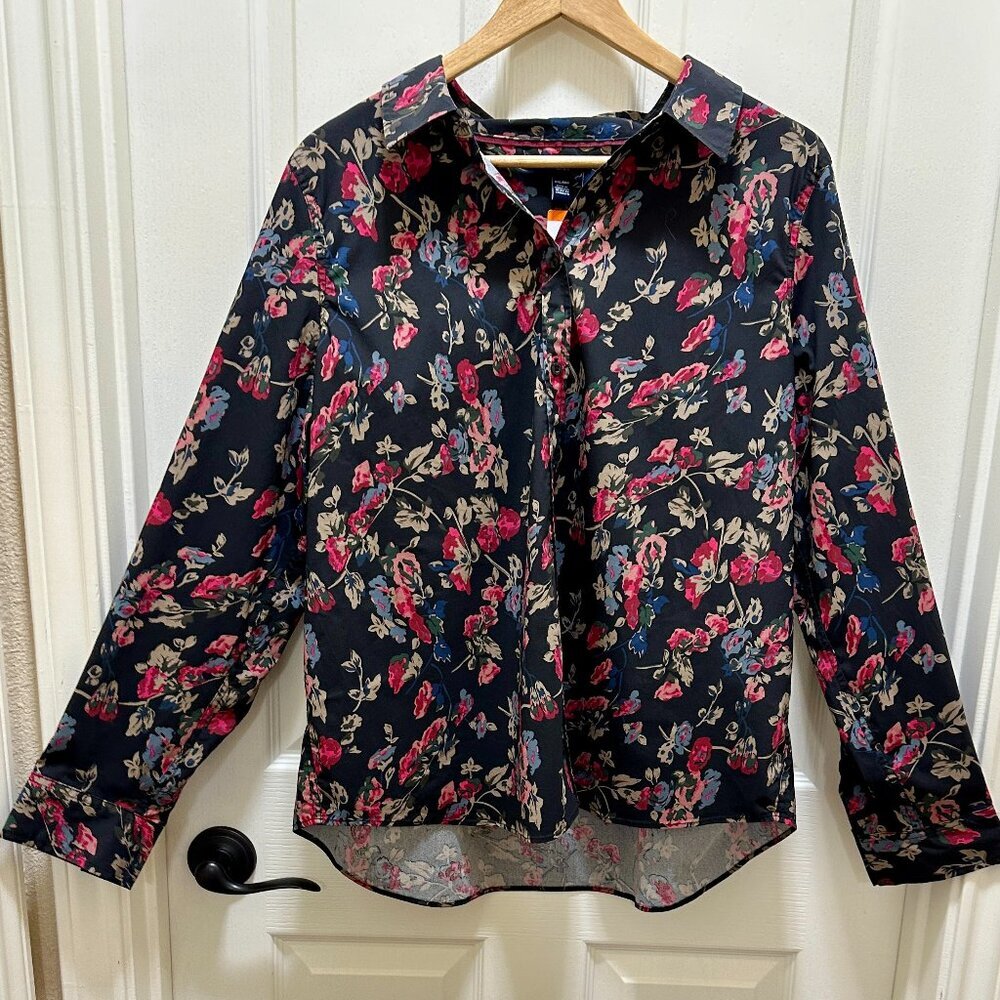Chaps Easy Care No Iron Stretch Modal Blouse Women's XXL Black Floral Print